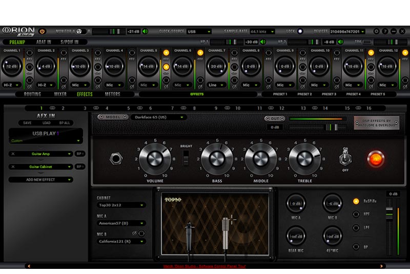 antelope orion studio's dark software interface