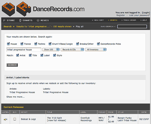 DanceRecords.com's Search Interface