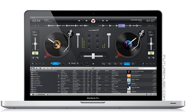 The interface of Algoriddim's djay for Mac on a MacBook Pro