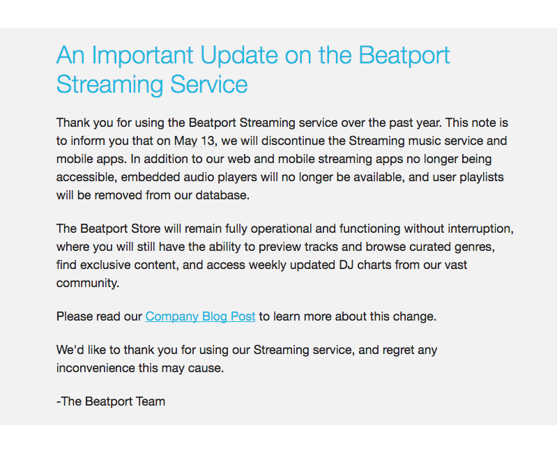 important update to beatport services