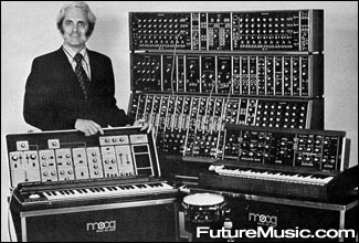 Bob Moog with several of his synthesizers