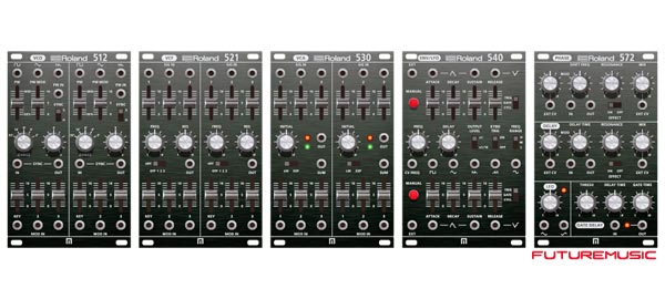 roland-analog-modules 512 Dual VCO, 530 DUAL VCA, 521 Dual Envelope/LFO, 540 Dual Filter and 572 Dual effect